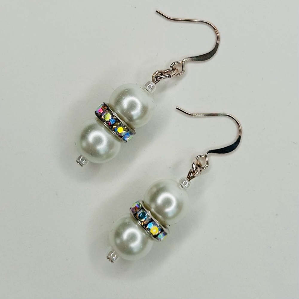 HAND CRAFTED Pearl EARRINGS White Silver Czech Crystal Rondelle Drop NWT - Picture 3 of 10
